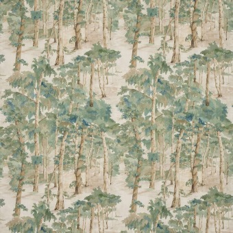 Colefax & Fowler Birchwood Forest Green: linnen stof met een boslandschap en bomen
