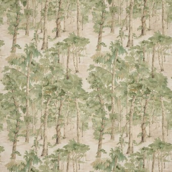 Colefax & Fowler Birchwood Leaf Green: linnen stof met een boslandschap en bomen