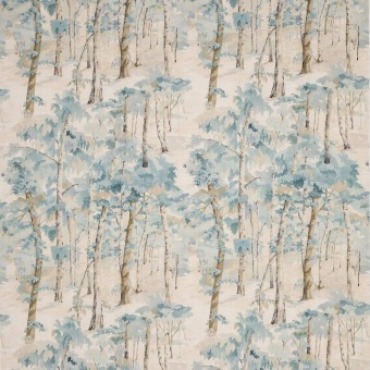 Colefax & Fowler Birchwood Old Blue: linnen stof met een boslandschap en bomen