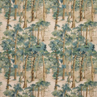 Colefax & Fowler Birchwood Tapestry Green: linnen stof met een boslandschap en bomen