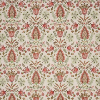 Colefax & Fowler Calcott Red/Green: geborduurde stof met bloemen en bladeren
