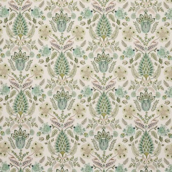 Colefax & Fowler Calcott Green: geborduurde stof met bloemen en bladeren