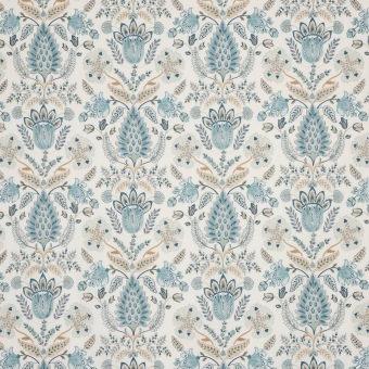 Colefax & Fowler Calcott Old Blue: geborduurde stof met bloemen en bladeren