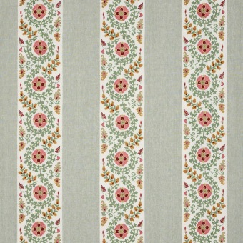 Colefax & Fowler Levina Red/Green: gestreepte stof met geborduurde bladranken