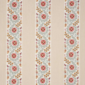 Colefax & Fowler Levina Pink/Aqua: gestreepte stof met geborduurde bladranken