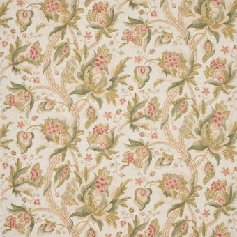 Colefax & Fowler Orlando Tomato/Olive: linnen stof met grote bloemen en bladeren