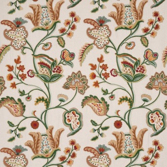 Colefax & Fowler Seymour Tomato/Green: geborduurde stof met een levensboom en bloemen