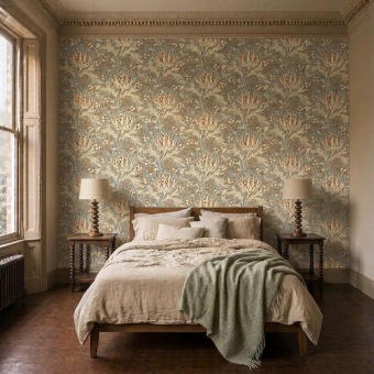 Artichoke Teal/Sage behang in interieur