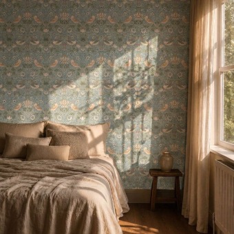 Strawberry Thief Slate/Vellum behang in interieur