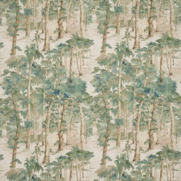 Colefax & Fowler Birchwood Forest Green: linnen stof met een boslandschap en bomen