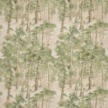 Colefax & Fowler Birchwood Leaf Green: linnen stof met een boslandschap en bomen