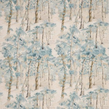 Colefax & Fowler Birchwood Old Blue: linnen stof met een boslandschap en bomen