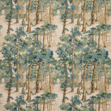 Colefax & Fowler Birchwood Tapestry Green: linnen stof met een boslandschap en bomen