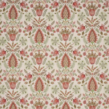 Colefax & Fowler Calcott Red/Green: geborduurde stof met bloemen en bladeren