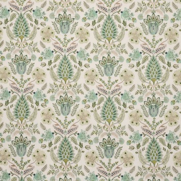 Colefax & Fowler Calcott Green: geborduurde stof met bloemen en bladeren