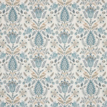 Colefax & Fowler Calcott Old Blue: geborduurde stof met bloemen en bladeren