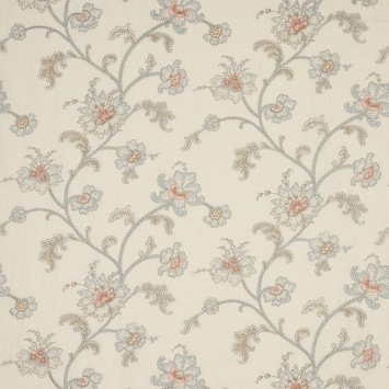 Colefax & Fowler Genevieve Aqua/Beige: geborduurde stof met bloemenranken