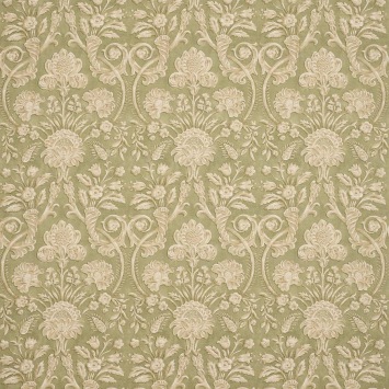 Colefax & Fowler Landor Olive Green: stof met een sierlijk damastpatroon