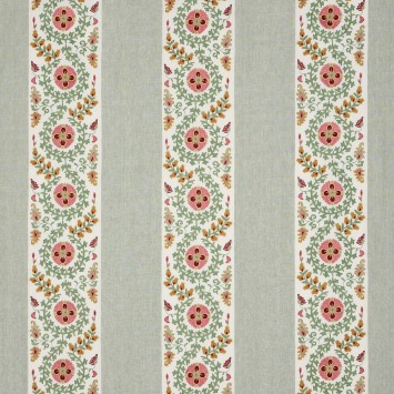 Colefax & Fowler Levina Red/Green: gestreepte stof met geborduurde bladranken