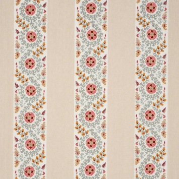 Colefax & Fowler Levina Pink/Aqua: gestreepte stof met geborduurde bladranken
