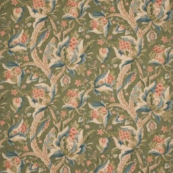 Colefax & Fowler Orlando Olive Green: linnen stof met grote bloemen en bladeren