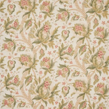 Colefax & Fowler Orlando Tomato/Olive: linnen stof met grote bloemen en bladeren