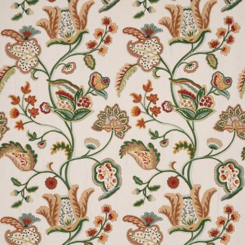 Colefax & Fowler Seymour Tomato/Green: geborduurde stof met een levensboom en bloemen