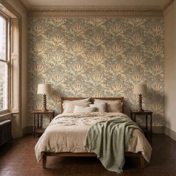 Artichoke Teal/Sage behang in interieur